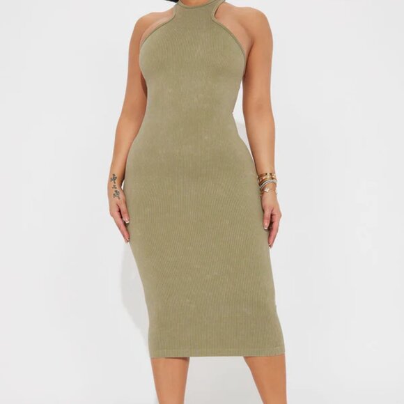 FN Riley Ribbed Midi Dress - Olive - Picture 1 of 5